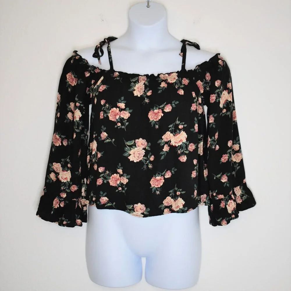 American Eagle Floral Blouse Roses Sz L Crop Off Shoulder Cottagecore Whimsygoth